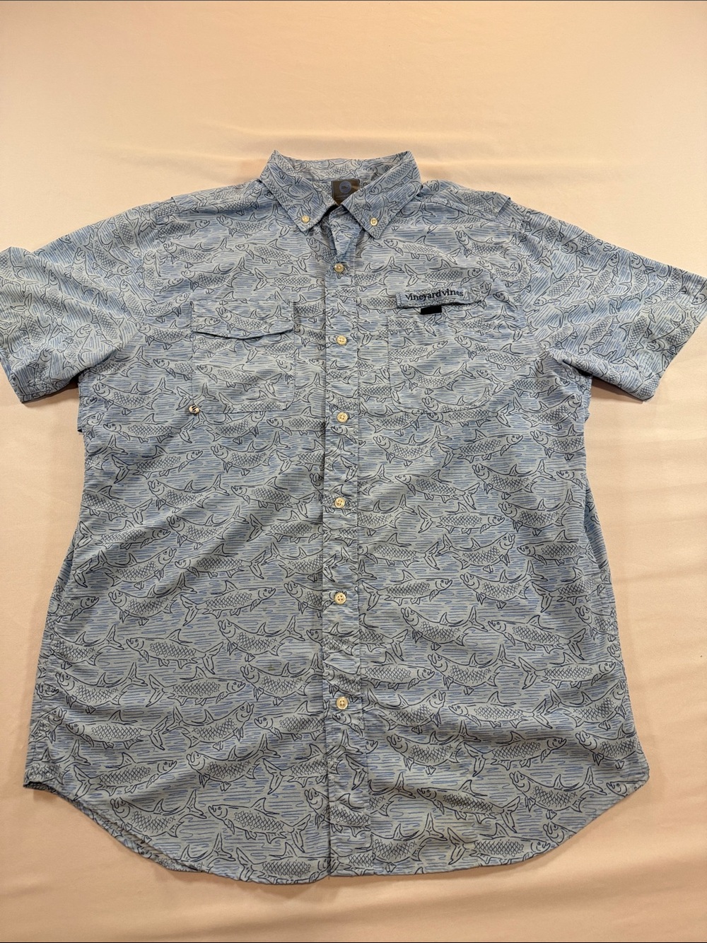 Vineyard Vines Light Blue Short-Sleeve Fish Print Button-Down Shirt Size M